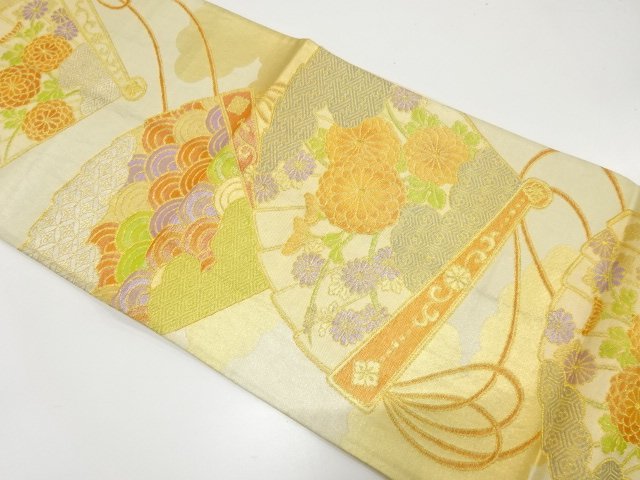 アンティーク　桧扇に菊・古典柄織り出し袋帯（材料）